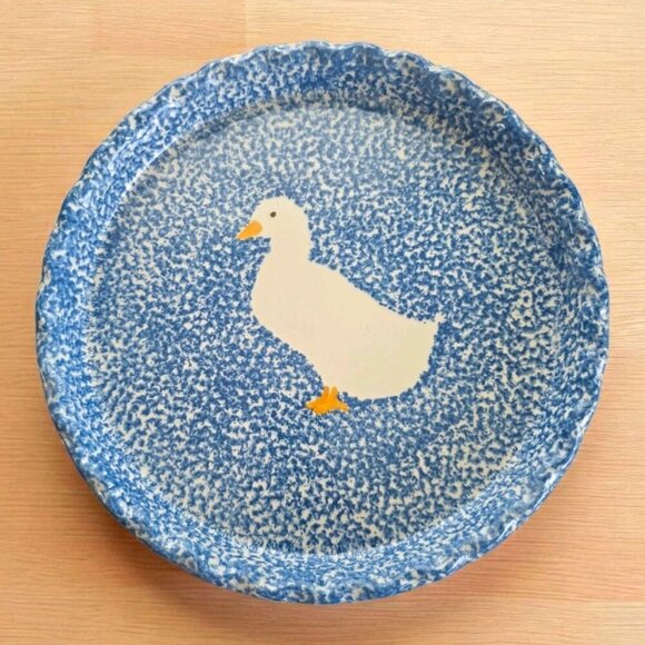 Vtg Ovenware Duck Blue White Spongeware Tart Plate Dish 11.75" Round Grandmacore - Picture 1 of 7